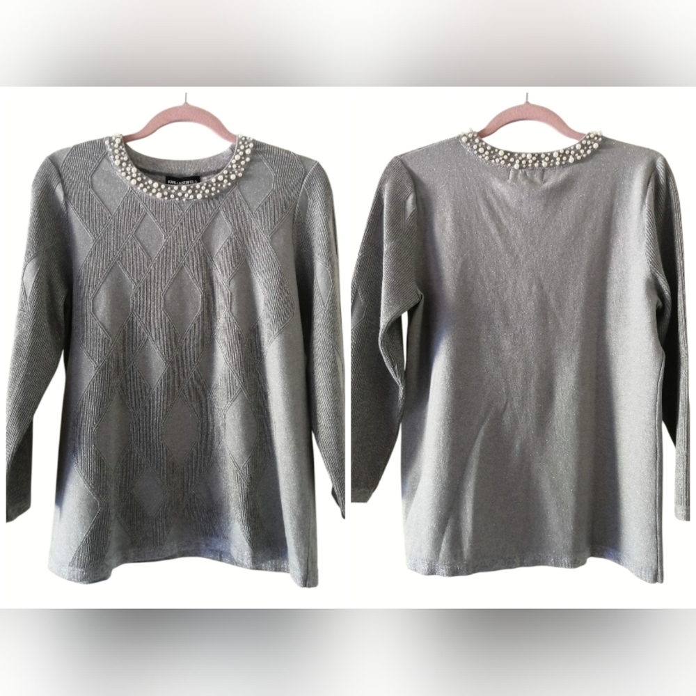 NWT Karl Lagerfeld Light Gray Silver Simmer Faux Pearl Embellished Sweater